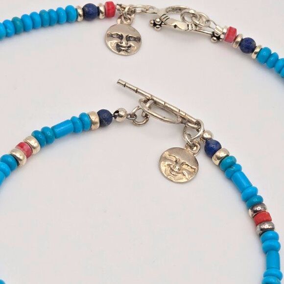 Artisan Set Blue‎ Turquoise Lapis Lazuli Red Coral 925 Silver Necklace Bracelet - Picture 4 of 6
